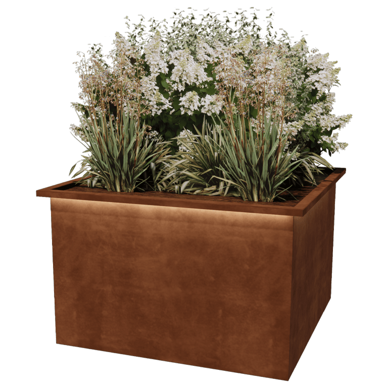 Zavarena corten čelična tegla za cvijeće Alabama s LED svjetlima 120 x 120 x 80 cm