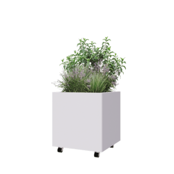 Čelična tegla za cvijeće - Kvadrat - 60 x 60 x 60 cm - RAL9010 mat (bijela) - S donjom pločom - S kotačima