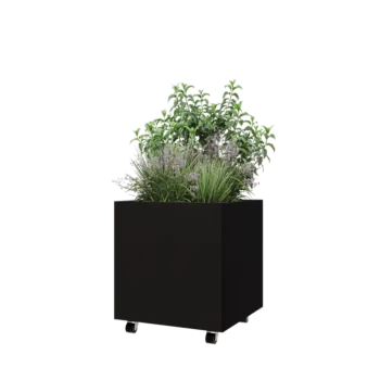 Čelična tegla za cvijeće - Kvadrat - 60 x 60 x 60 cm - RAL9005 mat (crna) - S donjom pločom - S kotačima