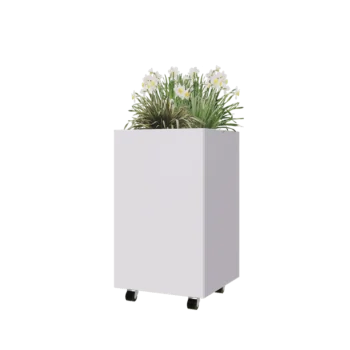 Čelična tegla za cvijeće - Kvadrat - 50 x 50 x 80 cm - RAL9010 mat (bijela) - S donjom pločom - S kotačima