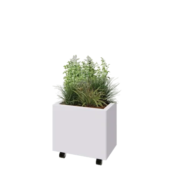 Čelična tegla za cvijeće - Pravokutnik - 50 x 30 x 40 cm - RAL9010 mat (bijela) - S donjom pločom - S kotačima